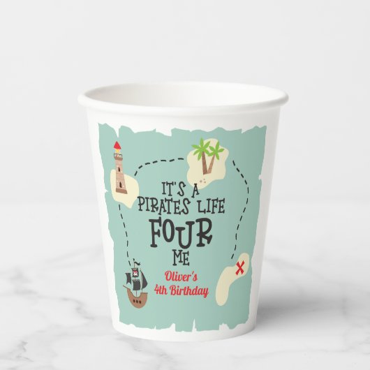 Piratenleven VIER mij 4e Verjaardag Papieren Bekers (Voorkant)