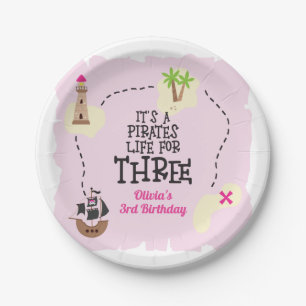 Piratenleven voor DRIE ME Roze Verjaardag Papieren Bordje