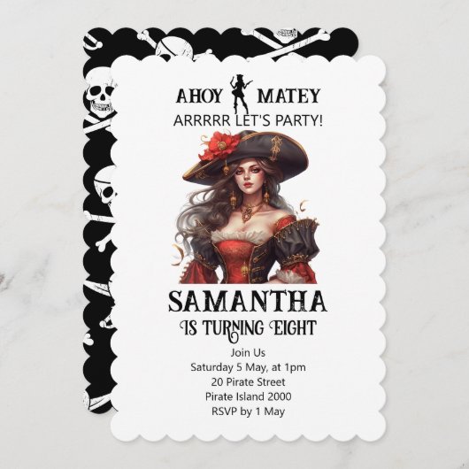 Piratenpartij Rode Meisje Uitnodiging (Voorkant / Achterkant)