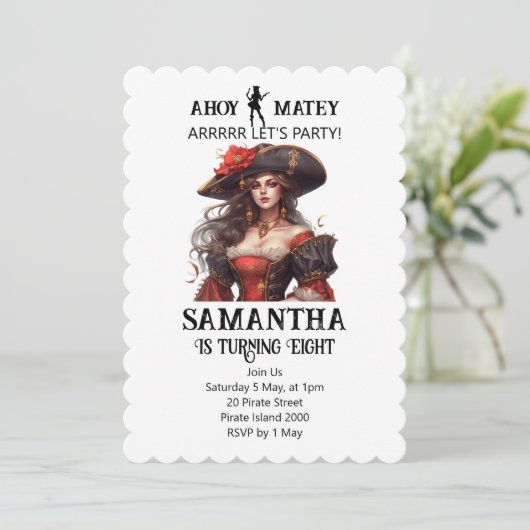 Piratenpartij Rode Meisje Uitnodiging (Staand voorkant)