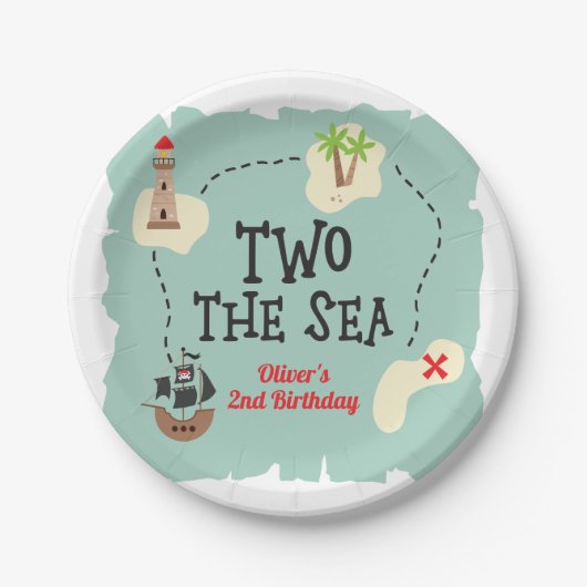 Piratenschatkaart twee het zee 2e verjaardag papieren bordje (Voorkant)