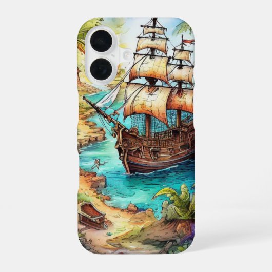 Piratenschip aangekomen op tropisch eiland iPhone 16 hoesje (Achterkant)