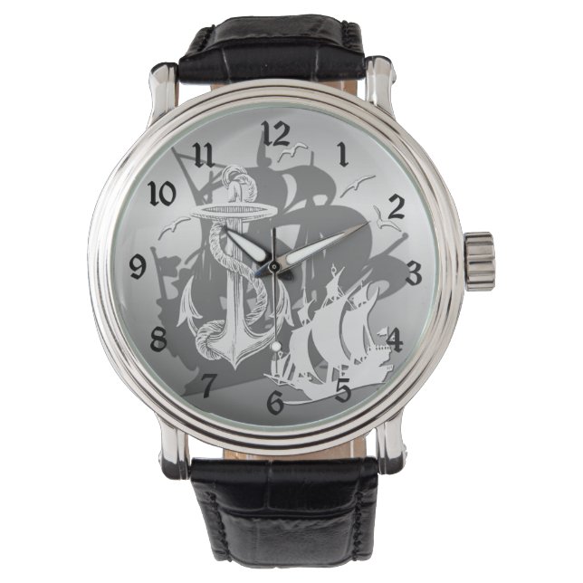 Piratenschip & Anker Wit Silhouethorloge 2 Horloge (Voorkant)