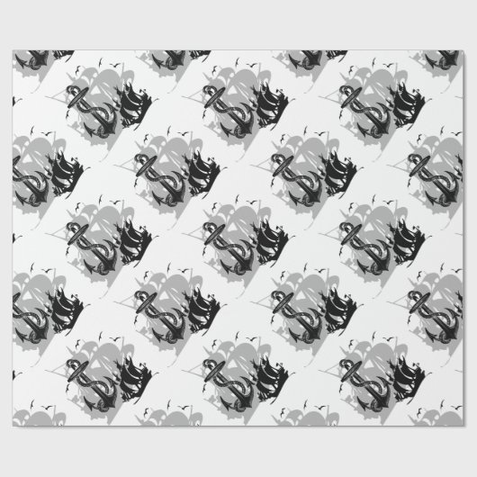 Piratenschip & Anker Zwart Silhouetdocument Cadeaupapier (Vlak)