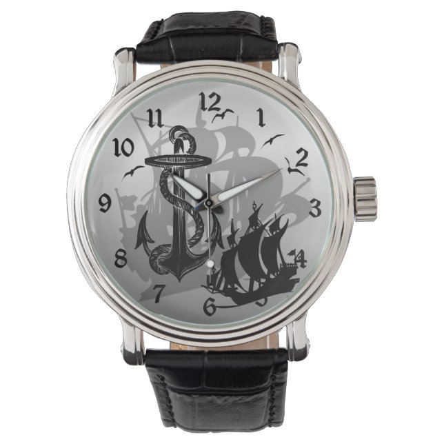 Piratenschip & Anker Zwart Silhouethorloge 2 Horloge (Voorkant)