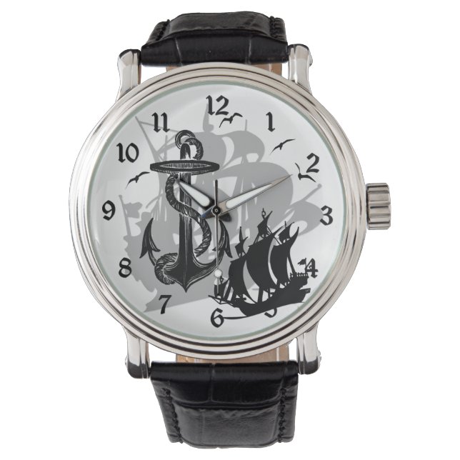 Piratenschip & Anker Zwart Silhouethorloge Horloge (Voorkant)