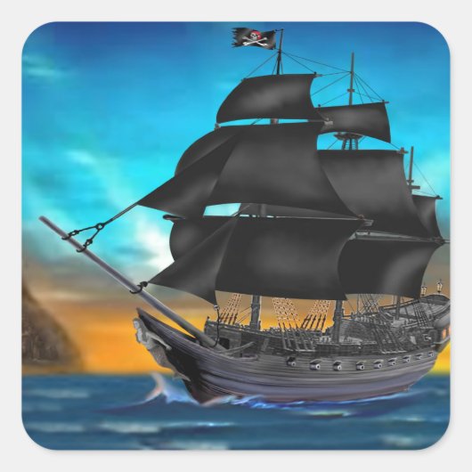 PIRATENSCHIP BIJ ZONSONDERGANG VIERKANTE STICKER (Voorkant)