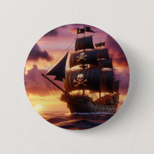 Piratenschip bij zonsopgang/zonsondergang ronde button 5,7 cm