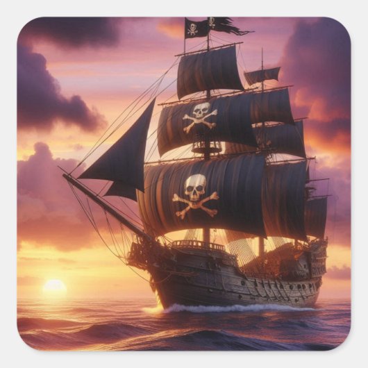 Piratenschip bij zonsopgang/zonsondergang vierkante sticker (Voorkant)