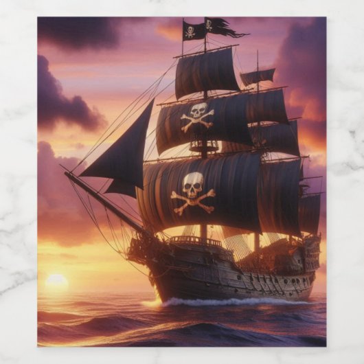 Piratenschip bij zonsopgang/zonsondergang wijn etiket (Enkel label)