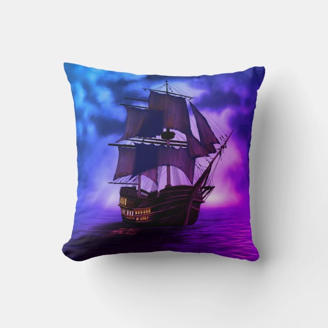 Piratenschip blauw en paarse kussen nautisch zee (Voorkant)