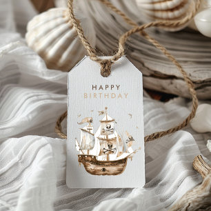 Piratenschip Bruin nautisch thema Verjaardag Cadeaulabel
