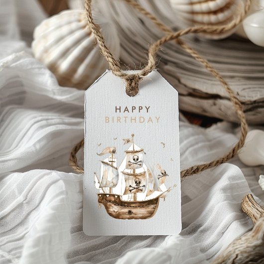 Piratenschip Bruin nautisch thema Verjaardag Cadeaulabel