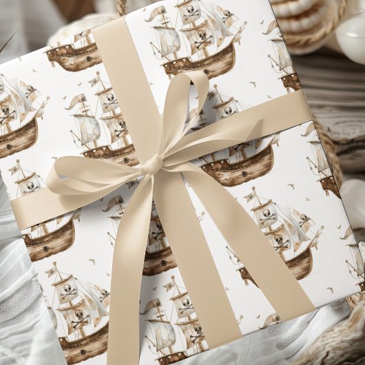 Piratenschip Bruin nautisch thema Verjaardag Cadeaupapier
