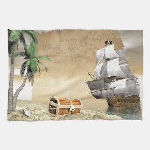 Piratenschip dat een schat ontdekt theedoek