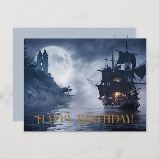 Piratenschip en kasteel Gelukkige verjaardag Briefkaart (Voorkant / Achterkant)