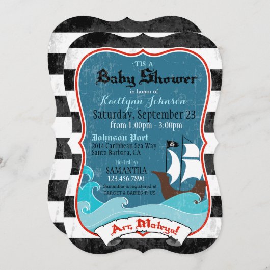 Piratenschip en Ocean Baby shower Invitation Kaart (Voorkant / Achterkant)