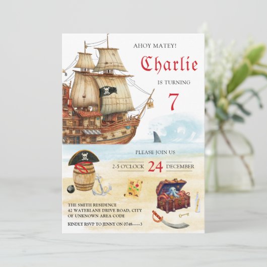 Piratenschip en schatkist Kinderen van Birthday Kaart (Staand voorkant)