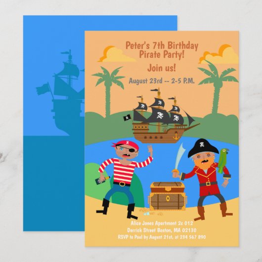 Piratenschip- en -schatkistpartij kaart (Voorkant / Achterkant)