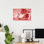 PIRATENSCHIP GEFECHT IN ANTIQUE ROOD POSTER (Thuiskantoor)