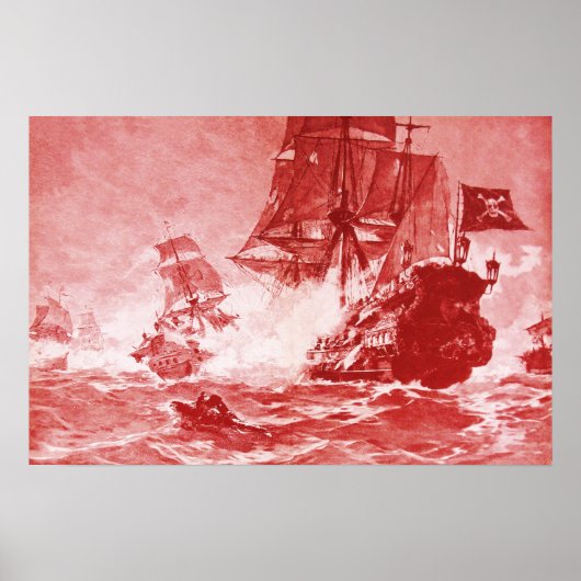 PIRATENSCHIP GEFECHT IN ANTIQUE ROOD POSTER (Voorkant)