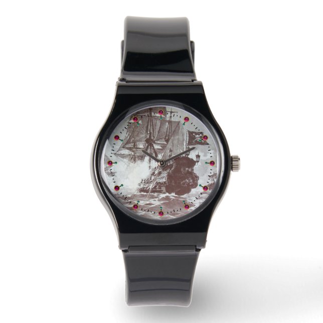 PIRATENSCHIP GEVECHT Antiek Bruin Wit Nautisch Horloge (Voorkant)