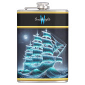 Piratenschip glijdt door gloeiende nachtgolven heupfles (Voorkant)