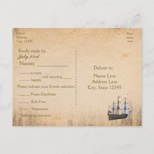 Piratenschip Grunge Verjaardagsfeest RSVP Briefkaa Uitnodiging Briefkaart (Achterkant)