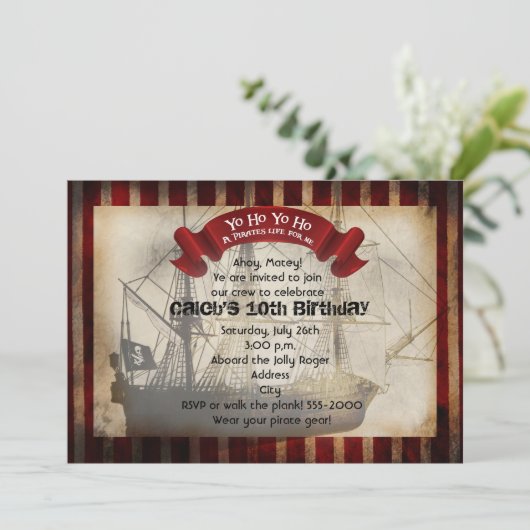 Piratenschip Grungy Grunge Party Uitnodiging (Staand voorkant)