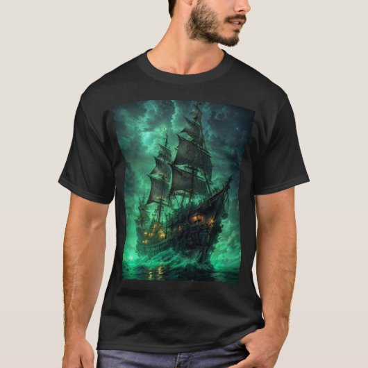 Piratenschip in het donkere zee T-shirt (Voorkant)