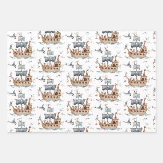Piratenschip met dieren Kinder partij Inpakpapier Vel (Voorkant)