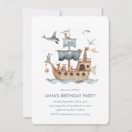 Piratenschip met dieren Kinder partij Kaart (Voorkant)