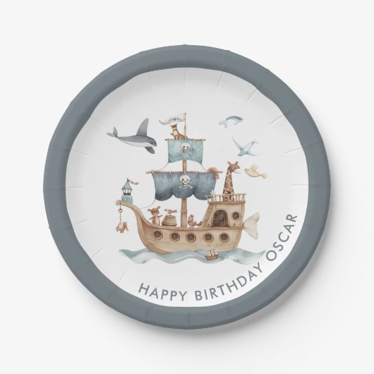 Piratenschip met dieren Kinder partij Papieren Bordje (Voorkant)
