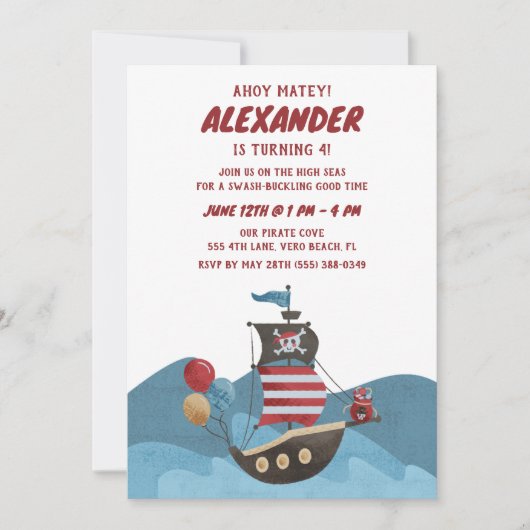 Piratenschip Nautische Ahoy Jongen Verjaardagsfees Kaart (Voorkant)