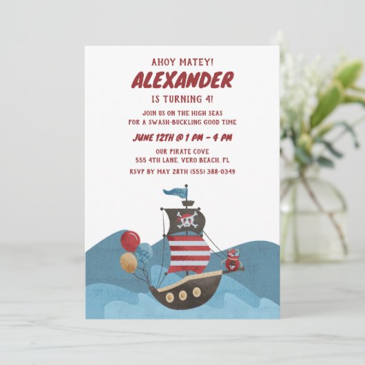 Piratenschip Nautische Ahoy Jongen Verjaardagsfees Kaart (Staand voorkant)