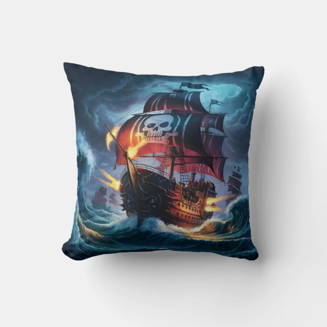 Piratenschip navigeert 's nachts stormachtige Zeee Kussen (Voorkant)