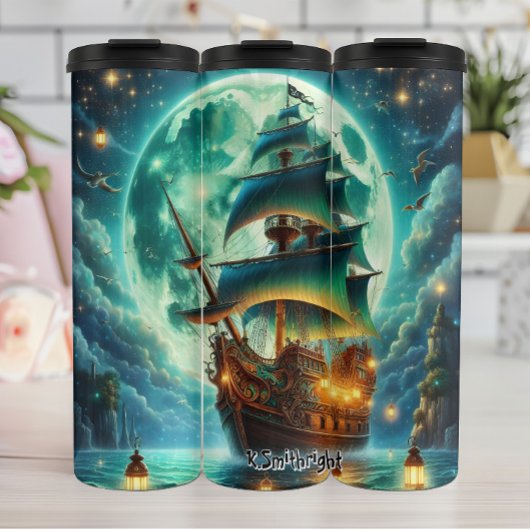 Piratenschip onder een gigantische maan thermosbeker