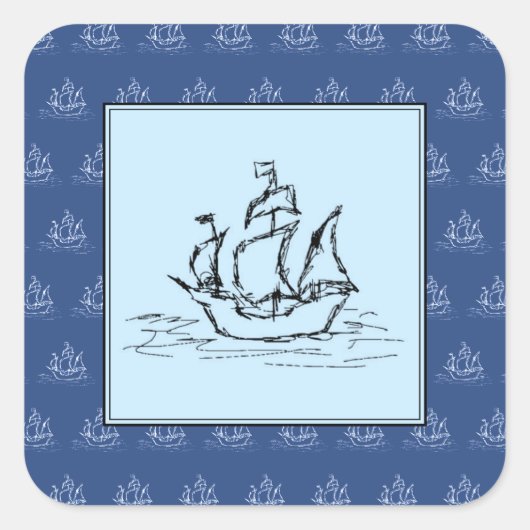 Piratenschip op schip patroon, blauw. vierkante sticker (Voorkant)