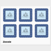 Piratenschip op schip patroon, blauw. vierkante sticker (Vel)