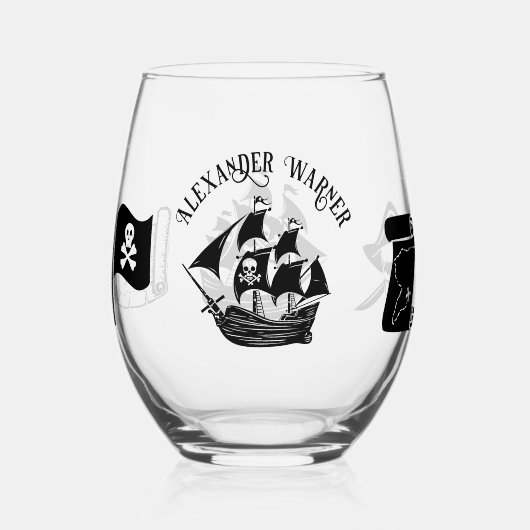 Piratenschip Schedel Kruisbeenderen Vlag Kaart Naa Wijnglas Zonder Voet (Voorkant)