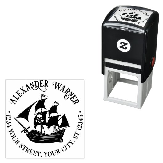 Piratenschip Skull Crossbones Naam Retouradres Zelfinktende Stempel (In situ)