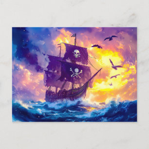 Piratenschip vaart de zonsondergang in op open Zee Briefkaart