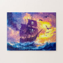 Piratenschip vaart de zonsondergang in op open Zee