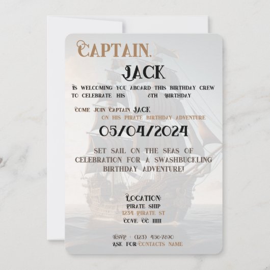 Piratenschip Verjaardag Kaart (Achterkant)