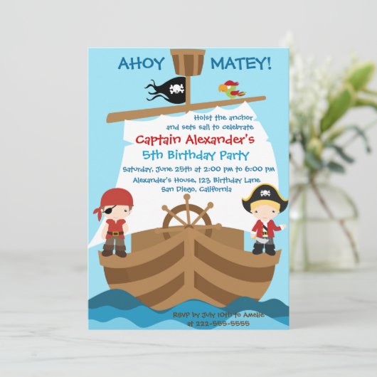 Piratenschip Verjaardagsfeestuitnodiging Kaart (Staand voorkant)