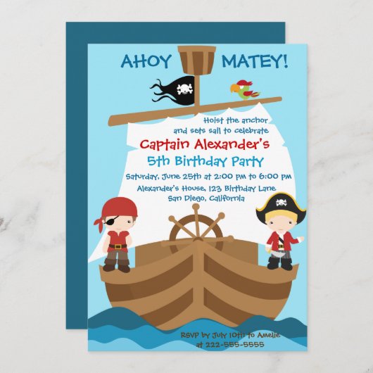 Piratenschip Verjaardagsfeestuitnodiging Kaart (Voorkant / Achterkant)