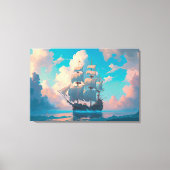 Piratenschip zeilen in pluizige pastelwolken canvas afdruk (Voorkant)