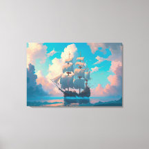 Piratenschip zeilen in pluizige pastelwolken