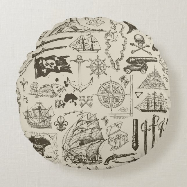 Piratenthema:  nautisch patroon. rond kussen (Voorkant)