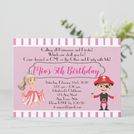 Piratenthema prinses verjaardagsfeest uitnodiging (Staand voorkant)